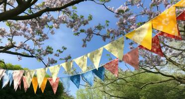 AI generated colourful bunting on a blue sky, photo