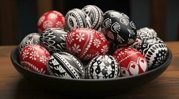 AI generated dozens of painted and red easter eggs on a wooden table photo