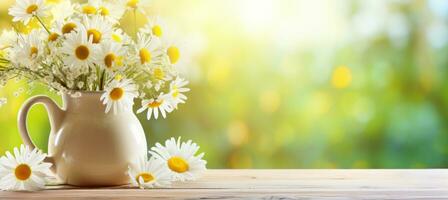 AI generated cute yellow jug with daisies on wooden table with green light background photo