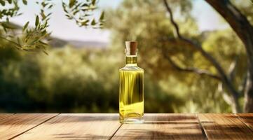 AI generated olive oil bottle on a wooden table in the orchard photo