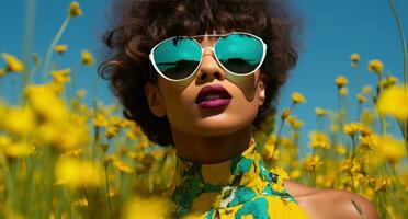 AI generated model wearing yellow sunglasses behind green grass background photo