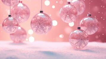 AI generated pink ball surrounded by pine christmas tree ornament beautiful white background photo