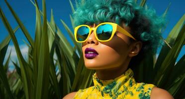 AI generated model wearing yellow sunglasses behind green grass background photo