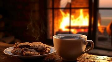 AI generated cup of coffee with cookies in front of a fireplace photo