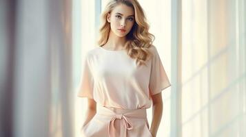 AI generated fashion model girl in light peach color wear photo