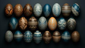 AI generated many painted easter eggs lay in a row on a canvas photo