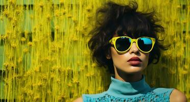 ai generado modelo vistiendo amarillo Gafas de sol detrás verde césped antecedentes foto