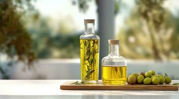 AI generated olive oil bottle on a wooden table in the orchard photo