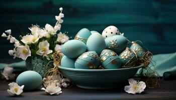 AI generated easter basket of easter eggs and flowers on table photo