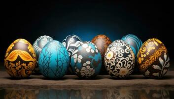 AI generated many painted easter eggs lay in a row on a canvas photo