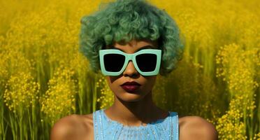 AI generated model wearing yellow sunglasses behind green grass background photo