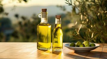 ai generado aceituna petróleo botella en un de madera mesa en el huerta foto