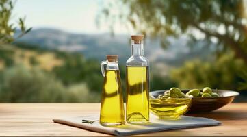 AI generated olive oil bottle on a wooden table in the orchard photo