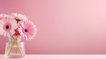 AI generated pink pastel valentines day background with copy space and gerbera flowers in glass vase photo