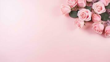 AI generated pink pastel valentines day background with copy space and wedding golden rings photo