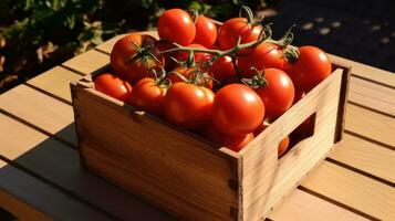 AI generated a wooden box holds tomatoes in the sun photo