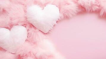 AI generated pink pastel valentines day background with copy space and wedding golden rings photo