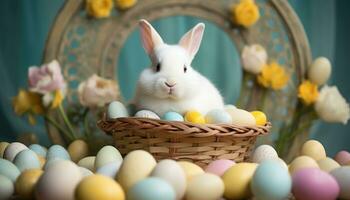 AI generated white rabbit in front of large basket of eggs photo