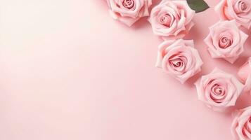 AI generated pink pastel valentines day background with copy space and wedding golden rings photo