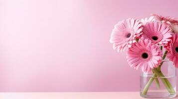 ai generado rosado pastel san valentin día antecedentes con Copiar espacio y gerbera flores en vaso florero foto