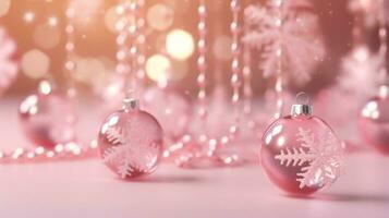 AI generated pink ball surrounded by pine christmas tree ornament beautiful white background photo