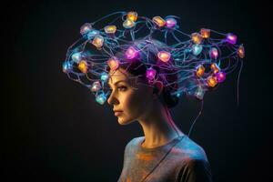 ai generado retrato de un hermosa joven mujer con un brillante cerebro en su cabeza, un cerebro interfaz dispositivo leyendo humano pensamientos, ai generado foto