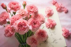 AI generated Bouquet of pink carnations on a light pink background, A bouquet of carnations with a 'Happy Mother's Day' card, AI Generated photo