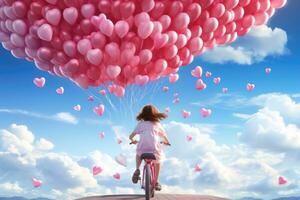 ai generado pequeño niña montando un bicicleta en el aire con rosado corazón globos, un bicicleta paseo debajo un cielo lleno de amor corazón globos, ai generado foto