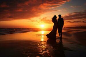 ai generado silueta de romántico Pareja caminando en el playa a atardecer, un hermosa Pareja disfrutando un escénico puesta de sol en el playa, ai generado foto