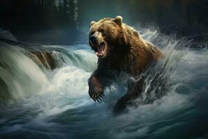 AI generated Grizzly bear in the river. Dangerous animal in nature, A brown bear catching salmon in a rushing river, AI Generated photo