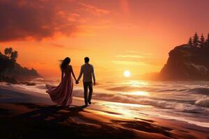 AI generated Couple in love walking on the beach at sunset. Love and romantic concept, A beautiful couple enjoying a scenic sunset on the beach, AI Generated photo