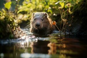 AI generated Otter in the water. Wildlife scene from nature series, A beaver working on its dam in a tranquil forest stream, AI Generated photo