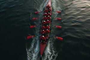 AI generated Aerial view of a rowers rowing in the sea, A bird's-eye view of a rowing team in perfect sync, AI Generated photo