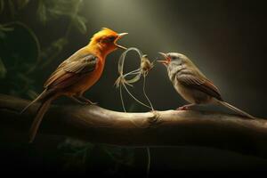 ai generado dos pequeño aves son luchando en un árbol rama en el oscuro, un pájaro paso un mensaje a otro mediante un gusano, ai generado foto