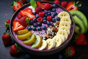 ai generado sano desayuno cuenco con avena, Fresco bayas y frutas, un brillantemente de colores orgánico zalamero cuenco con varios coberturas, ai generado foto