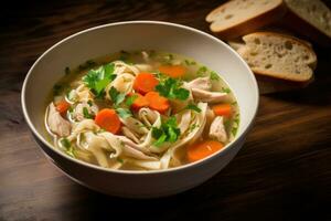 ai generado pollo sopa con tallarines y vegetales en un cuenco en un de madera mesa, un cuenco de consolador pollo fideos sopa, ai generado foto