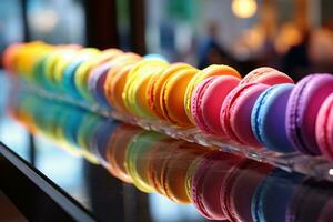 ai generado vistoso macarrones en un fila en el mostrador de un cafetería, un muy lleno arco iris de macarons en un parisino cafetería, ai generado foto