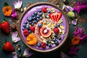 ai generado sano desayuno cuenco con avena, bayas, nueces y flores, un brillantemente de colores orgánico zalamero cuenco con varios coberturas, ai generado foto