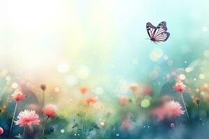 AI generated Flower background with butterfly and bokeh lights. Floral design, AI Generated photo