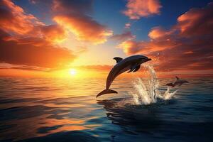 AI generated Dolphins jumping in the sea at sunset. 3d render illustration, AI Generated photo