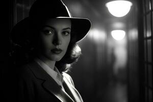 ai generado retro retrato de un hermosa mujer en un sombrero y abrigo, 1940 película noir detective escena, ai generado foto