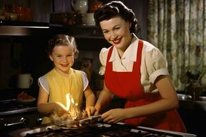 ai generado madre y hija Cocinando en el cocina a hogar. contento familia, 1950s madre y hija preparando cena, ai generado foto