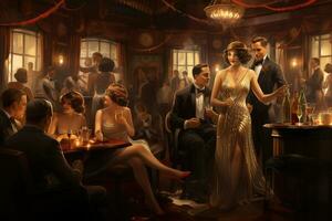 AI generated Group of elegant men and women sitting at a table in a restaurant, A 1920s speakeasy with flapper dresses and tuxedos, AI Generated photo