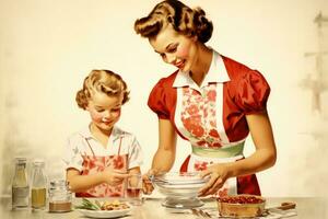 ai generado madre y hija Cocinando en el cocina a hogar. retro estilo, 1950s madre y hija preparando cena, ai generado foto