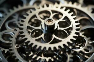 AI generated Close-up of gears and cogwheels. Conceptual image, 3D printing technology depicted as abstract rotating gears, AI Generated photo