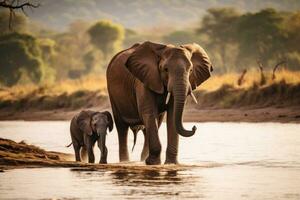 AI generated Elephants in Chobe National Park, Botswana, Africa, A baby elephant walking along the riverbank with its mother, AI Generated photo