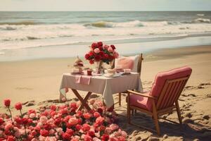 AI generated Romantic dinner on the beach in vintage style. Vintage tone, A beach set up for a special Mother's Day outing, AI Generated photo