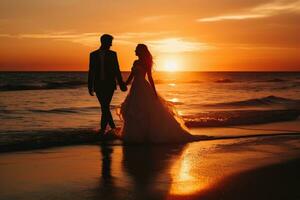 AI generated Wedding couple on the beach at sunset. Bride and groom at sunset, A beach wedding at sunset, AI Generated photo