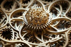 AI generated Close up of golden gears and cogwheels on white background, 3D printing technology depicted as abstract rotating gears, AI Generated photo