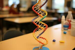 AI generated DNA model on the table in the science laboratory. Science concept, A 3D model of a DNA strand in biology class, AI Generated photo